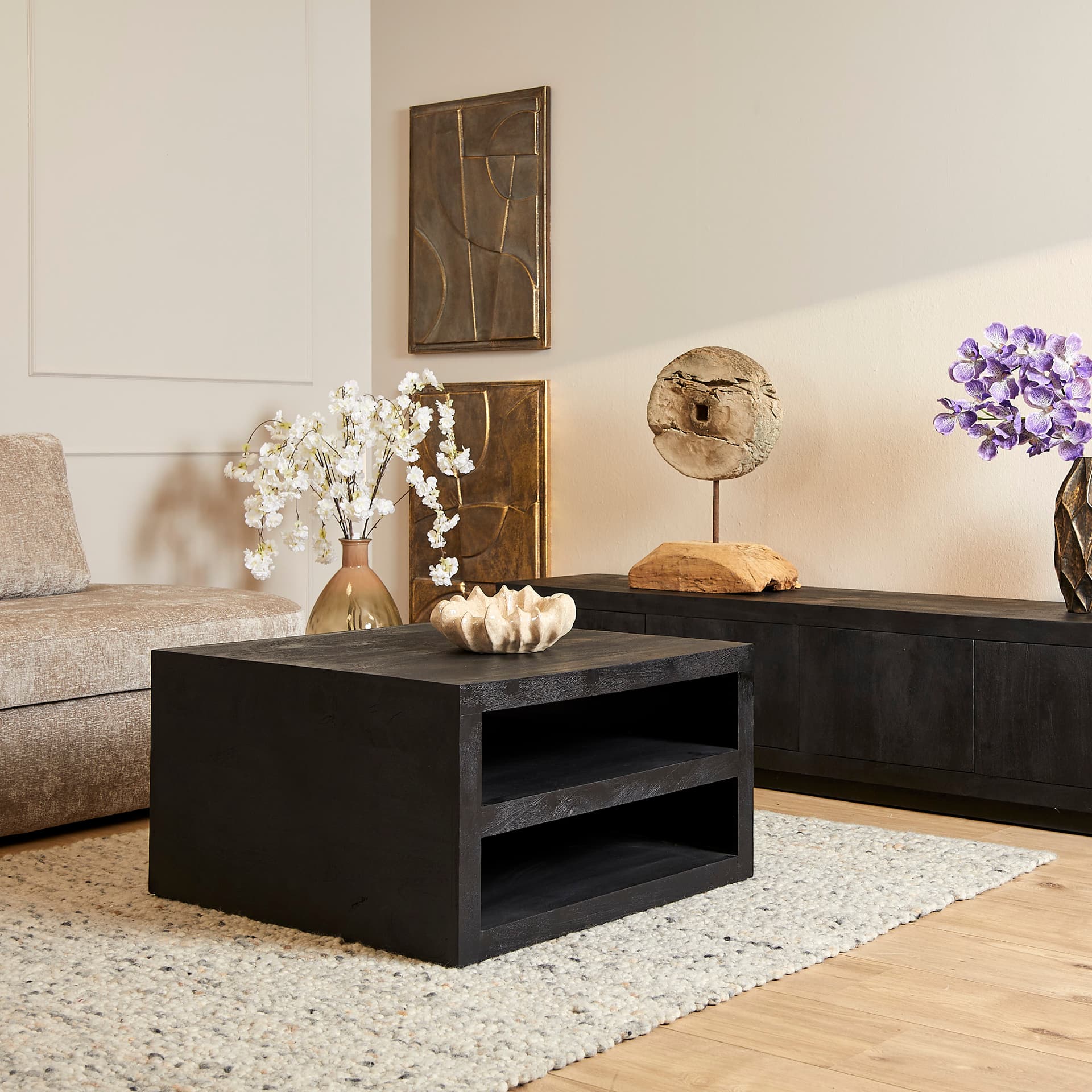 Vierkante salontafel Brussel Zwart Mangohout 80 cm