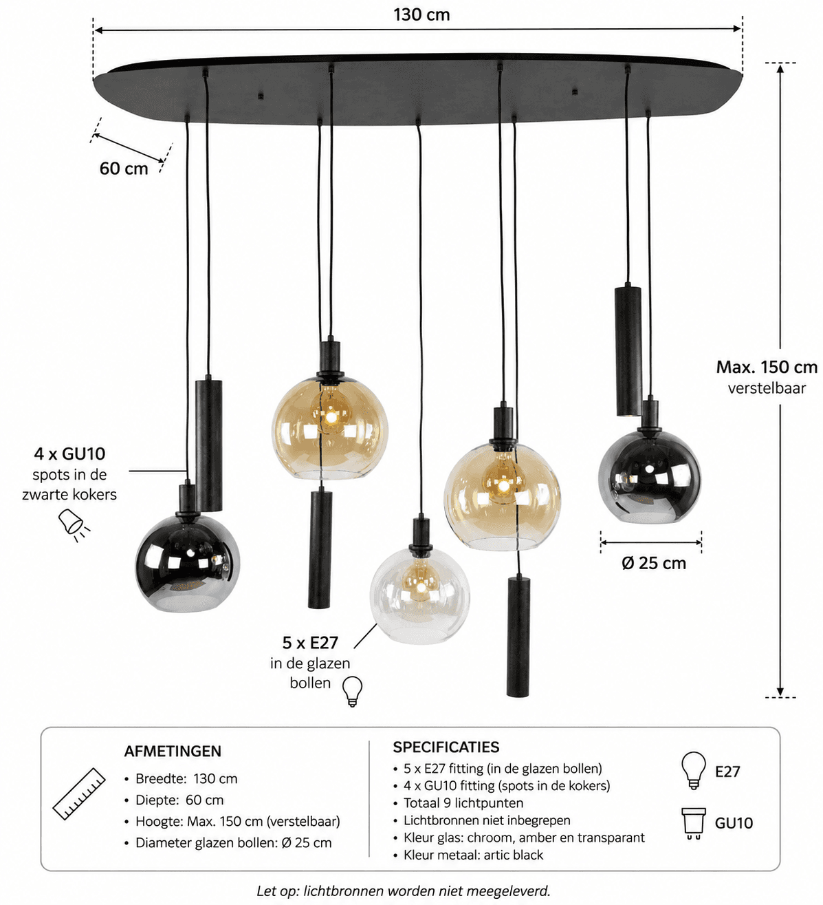 Hanglamp Sassari – 5 glazen bollen en 4 spots - 3